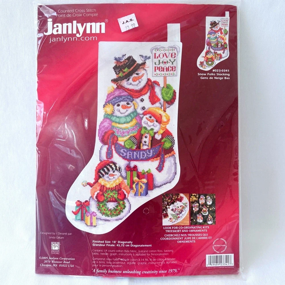 Vintage 2005 Janlynn Snow Folks Stocking Cross Stitch Kit 18in Snowman 2005